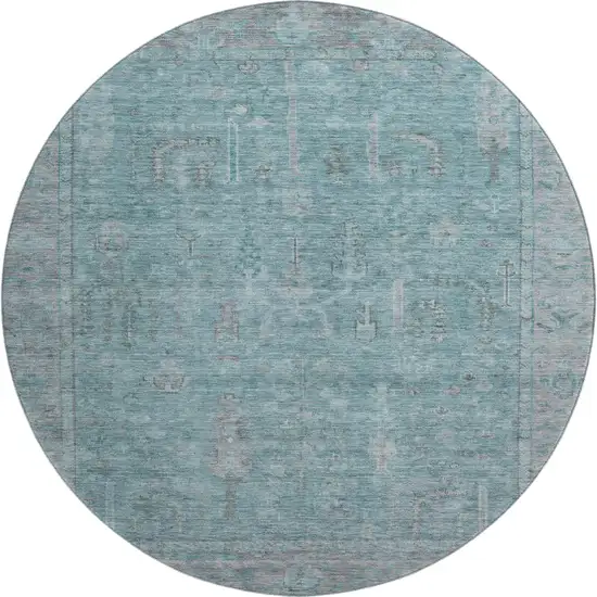 8' Teal And Gray Oriental Washable Round Rug With UV Protection Photo 1