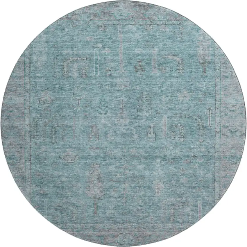 8' Teal And Gray Oriental Washable Round Rug With UV Protection Photo 1