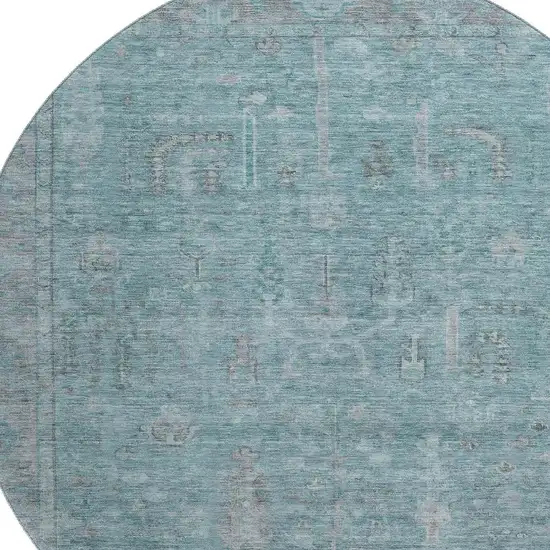 8' Teal And Gray Oriental Washable Round Rug With UV Protection Photo 2