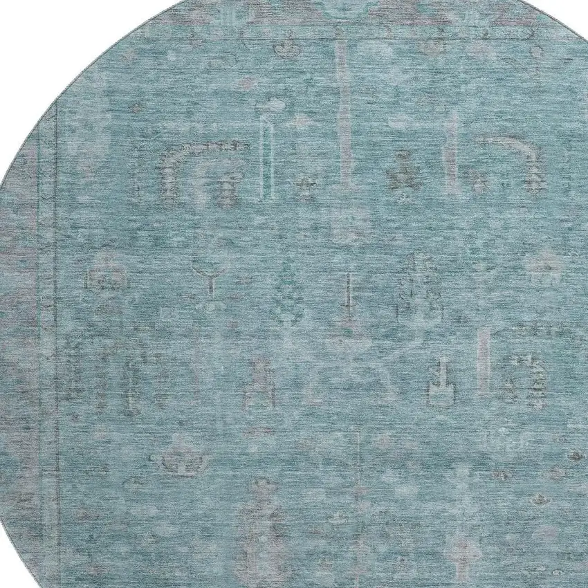 8' Teal And Gray Oriental Washable Round Rug With UV Protection Photo 2