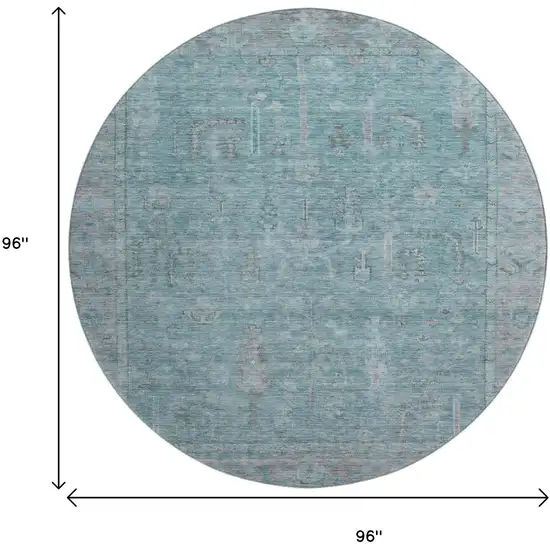8' Teal And Gray Oriental Washable Round Rug With UV Protection Photo 9