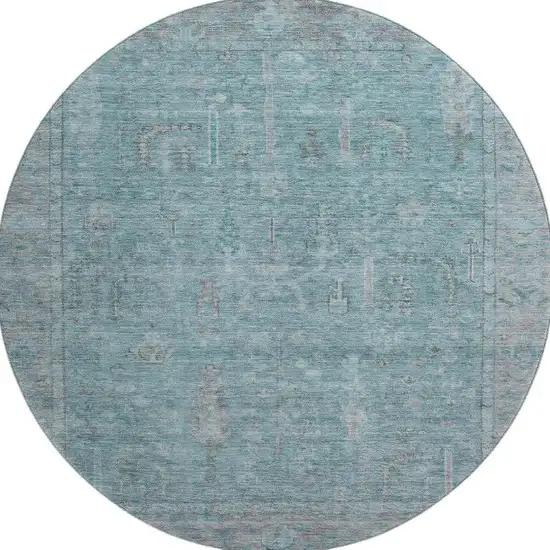 8' Teal And Gray Oriental Washable Round Rug With UV Protection Photo 3