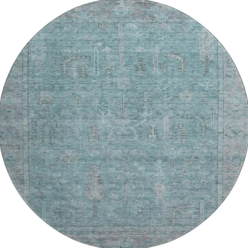 8' Teal And Gray Oriental Washable Round Rug With UV Protection Photo 3