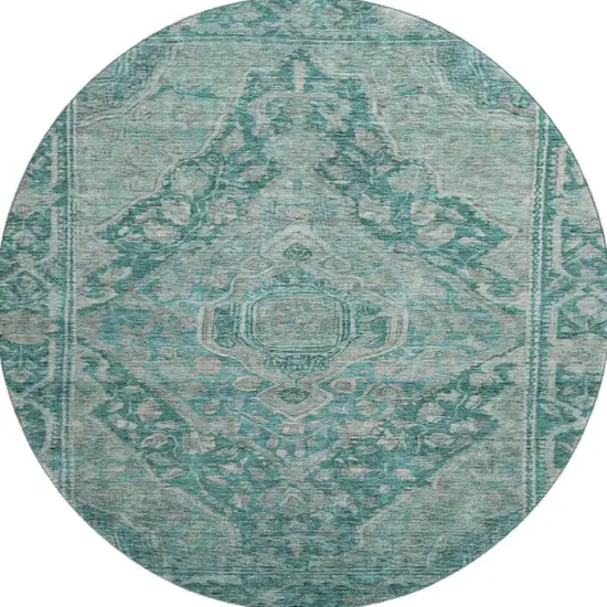 8' Teal And Gray Oriental Washable Round Rug With UV Protection Photo 3