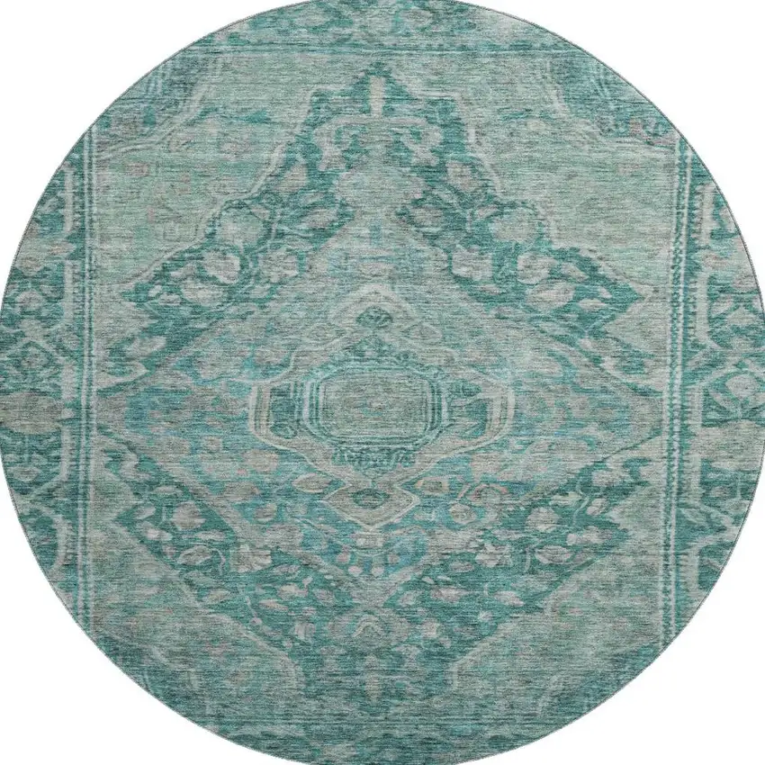 8' Teal And Gray Oriental Washable Round Rug With UV Protection Photo 3