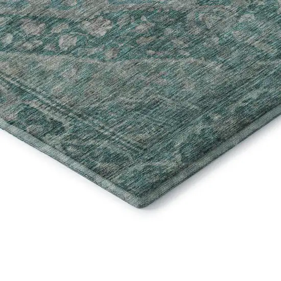 8' Teal And Gray Oriental Washable Round Rug With UV Protection Photo 6