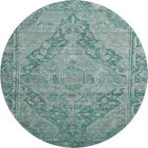 Photo of 8' Teal And Gray Oriental Washable Round Rug With UV Protection