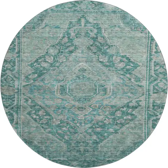 8' Teal And Gray Oriental Washable Round Rug With UV Protection Photo 1