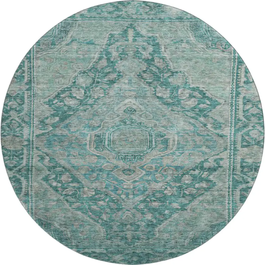 8' Teal And Gray Oriental Washable Round Rug With UV Protection Photo 1