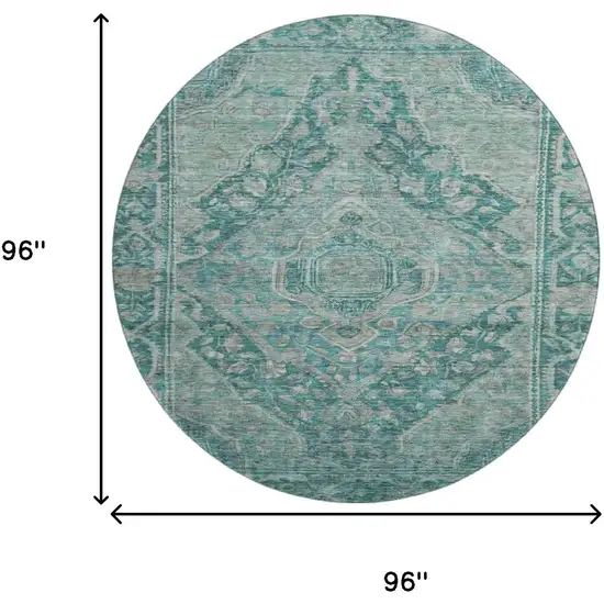 8' Teal And Gray Oriental Washable Round Rug With UV Protection Photo 9