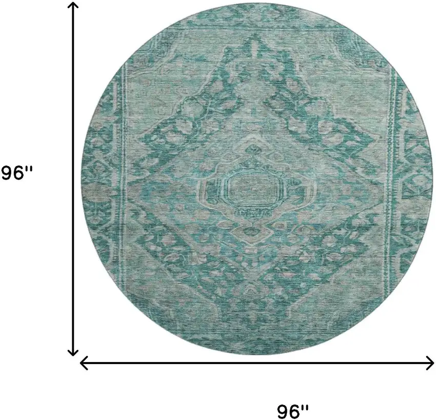 8' Teal And Gray Oriental Washable Round Rug With UV Protection Photo 9