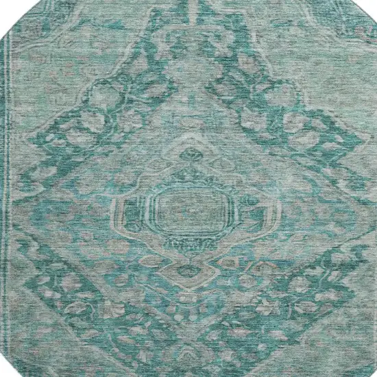 8' Teal And Gray Oriental Washable Round Rug With UV Protection Photo 2