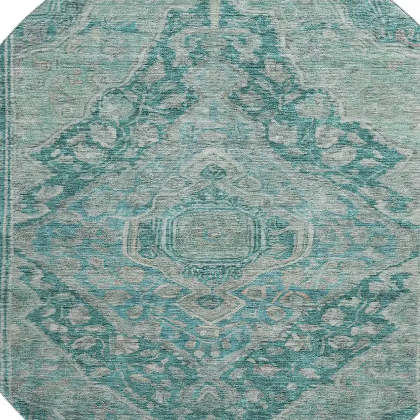 8' Teal And Gray Oriental Washable Round Rug With UV Protection Photo 2