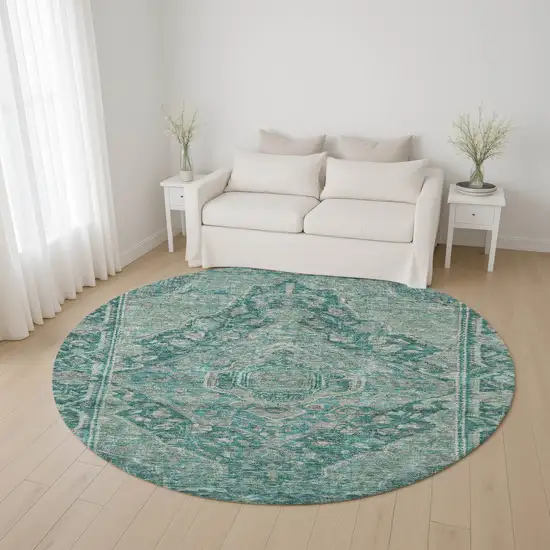 8' Teal And Gray Oriental Washable Round Rug With UV Protection Photo 4