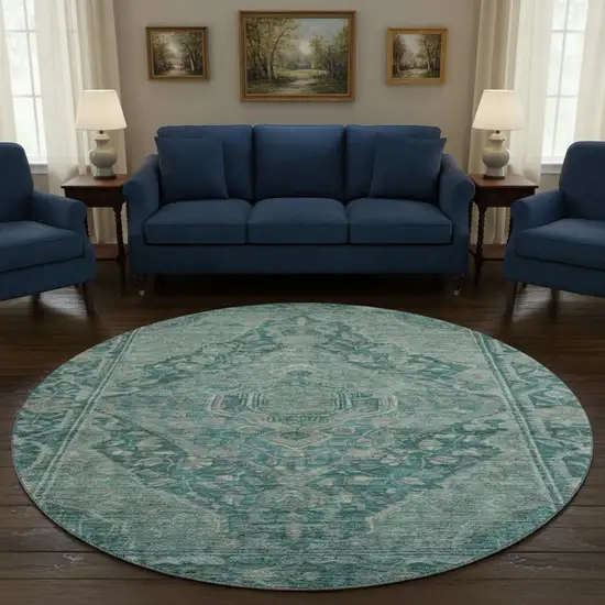 8' Teal And Gray Oriental Washable Round Rug With UV Protection Photo 2