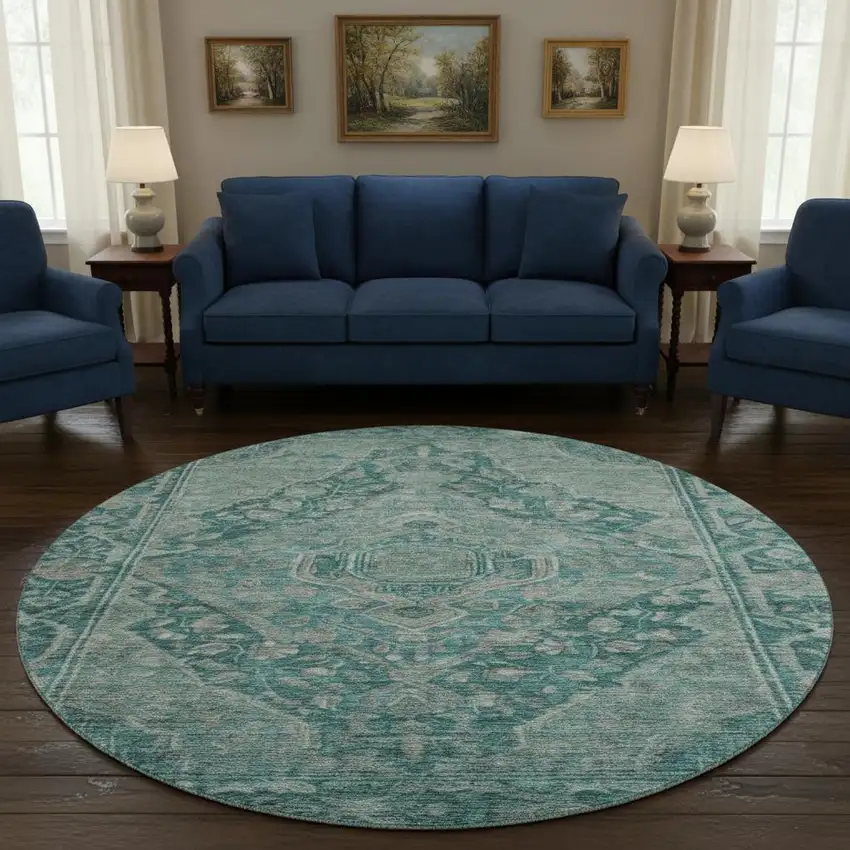 8' Teal And Gray Oriental Washable Round Rug With UV Protection Photo 2