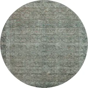 Photo of 8' Teal And Gray Oriental Washable Round Rug With UV Protection