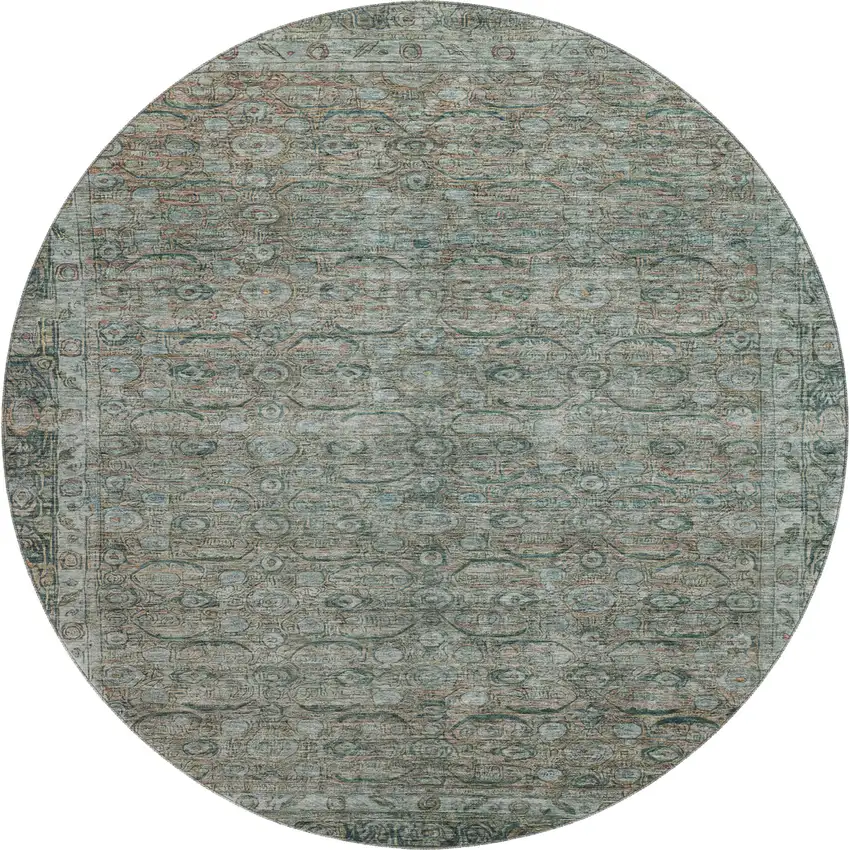 8' Teal And Gray Oriental Washable Round Rug With UV Protection Photo 1