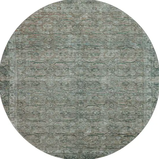 8' Teal And Gray Oriental Washable Round Rug With UV Protection Photo 3