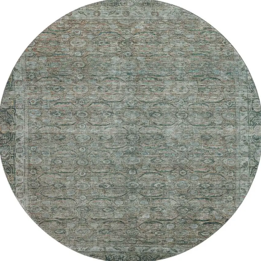 8' Teal And Gray Oriental Washable Round Rug With UV Protection Photo 3