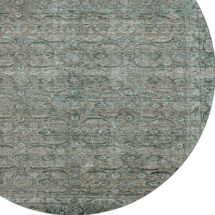 8' Teal And Gray Oriental Washable Round Rug With UV Protection Photo 2