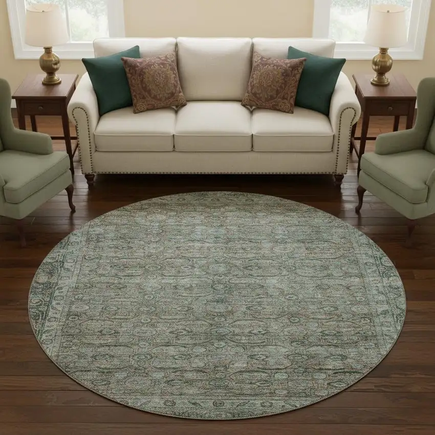 8' Teal And Gray Oriental Washable Round Rug With UV Protection Photo 2
