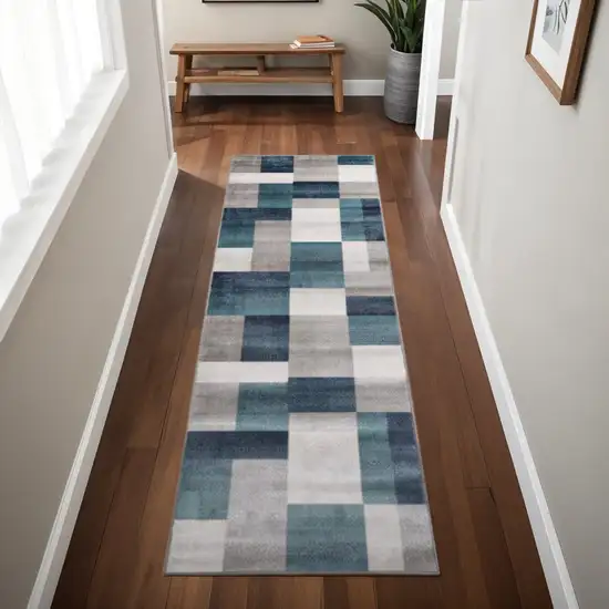 8' Ivory And Teal Patchwork Runner Rug Photo 1