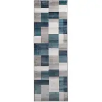 Photo of 8' Teal And Gray Patchwork Power Loom Stain Resistant Runner Rug