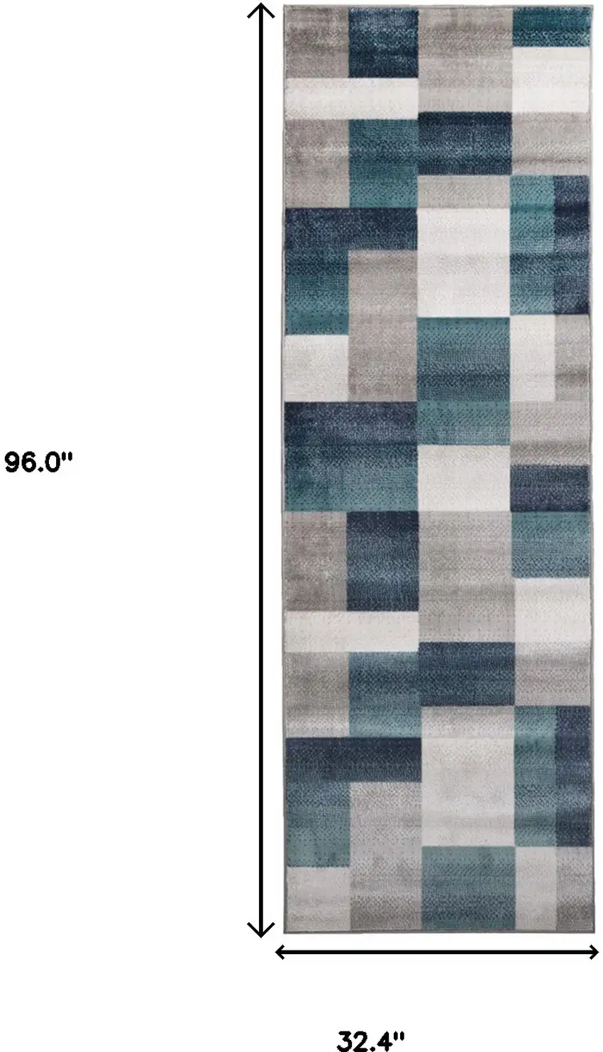 8' Teal And Gray Patchwork Power Loom Stain Resistant Runner Rug Photo 6