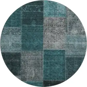 Photo of 8' Teal And Gray Patchwork Washable Round Rug With UV Protection