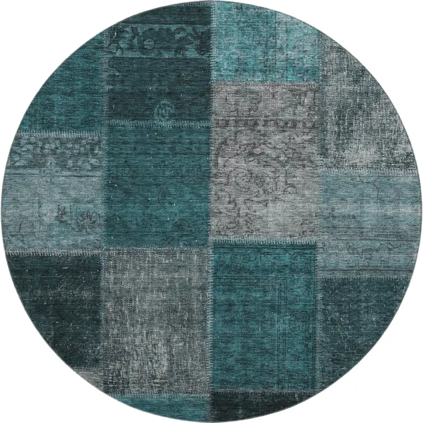 8' Teal And Gray Patchwork Washable Round Rug With UV Protection Photo 1