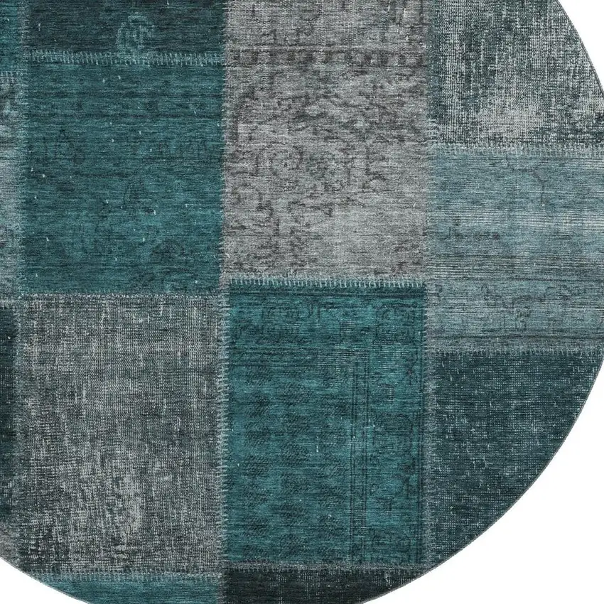 8' Teal And Gray Patchwork Washable Round Rug With UV Protection Photo 3