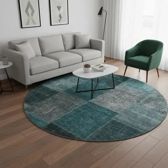 8' Teal And Gray Patchwork Washable Round Rug With UV Protection Photo 2