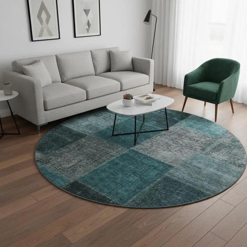 8' Teal And Gray Patchwork Washable Round Rug With UV Protection Photo 2
