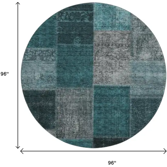 8' Teal And Gray Patchwork Washable Round Rug With UV Protection Photo 3
