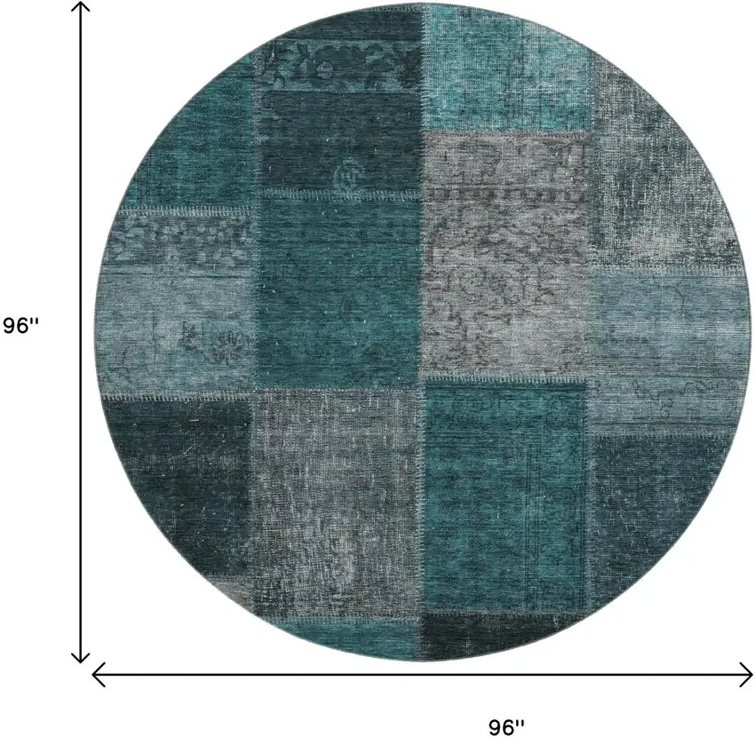 8' Teal And Gray Patchwork Washable Round Rug With UV Protection Photo 3