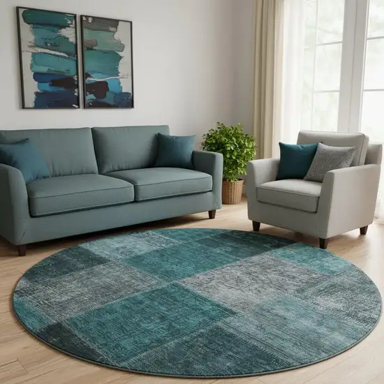 8' Teal And Gray Patchwork Washable Round Rug With UV Protection Photo 1