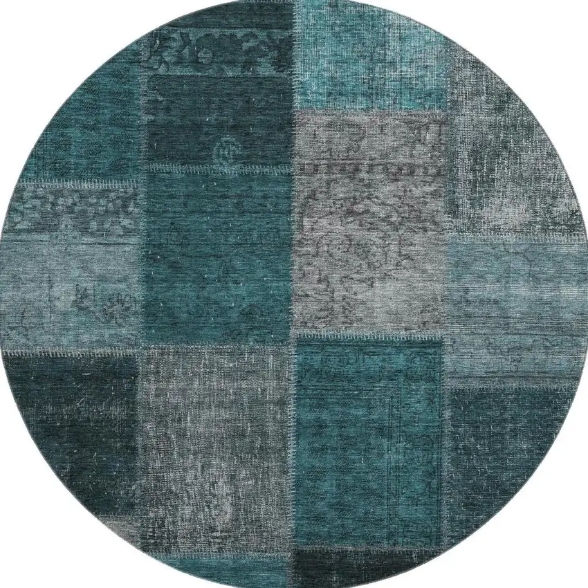 8' Teal And Gray Patchwork Washable Round Rug With UV Protection Photo 4