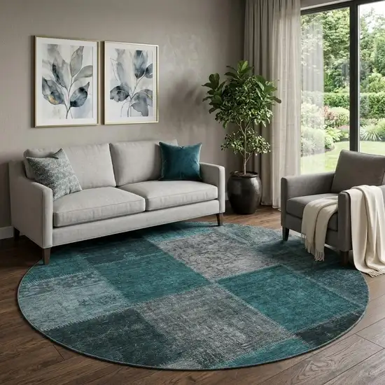 8' Teal And Gray Patchwork Washable Round Rug With UV Protection Photo 1
