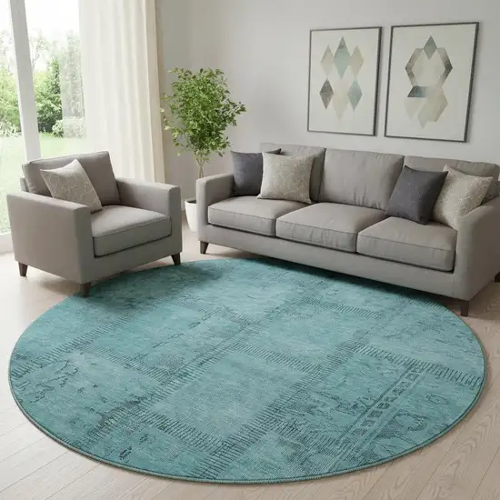 8' Teal And Gray Patchwork Washable Round Rug With UV Protection Photo 1