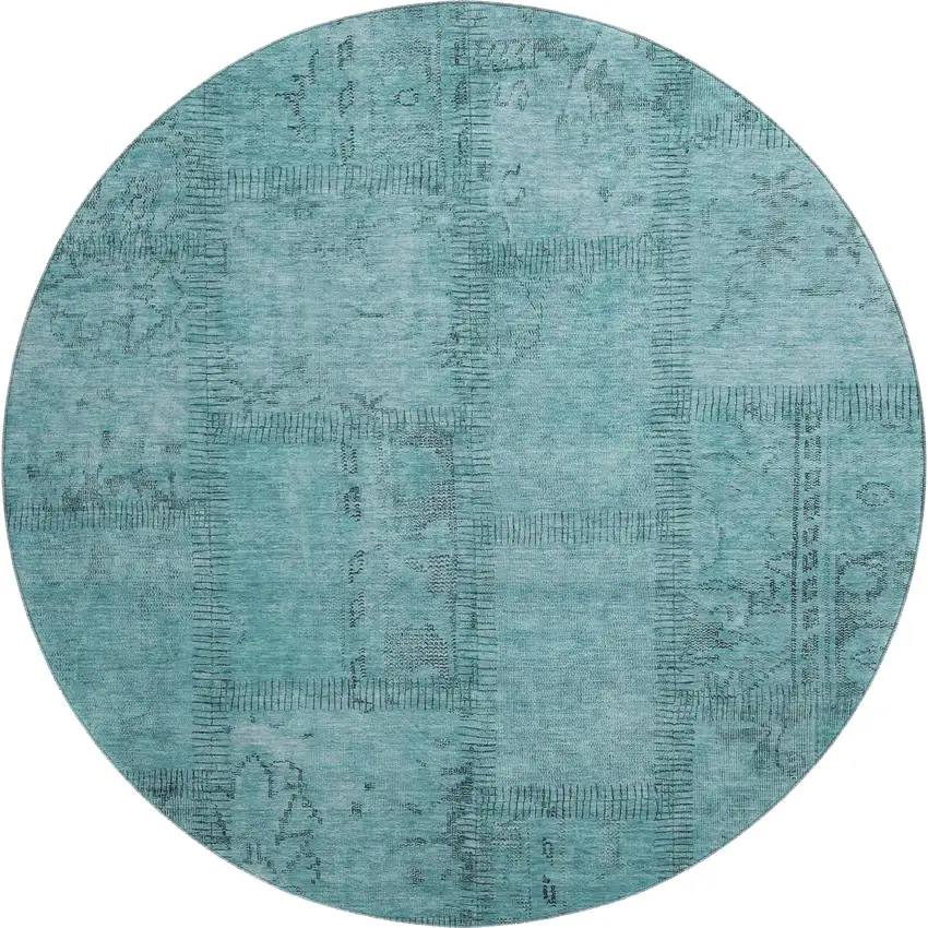 8' Teal And Gray Patchwork Washable Round Rug With UV Protection Photo 1