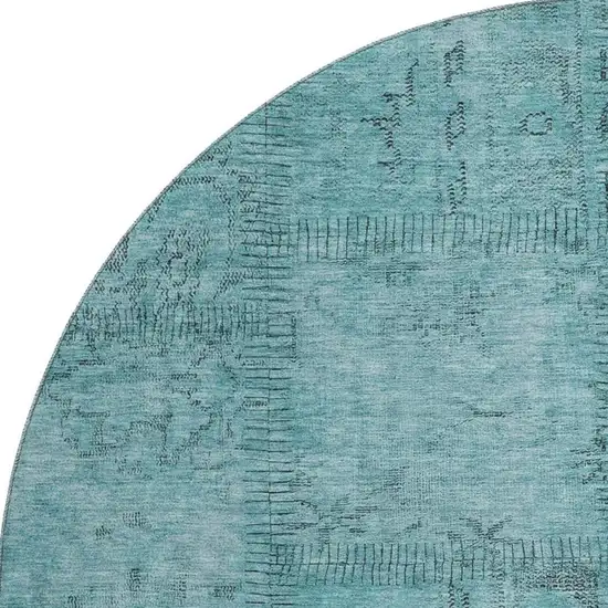8' Teal And Gray Patchwork Washable Round Rug With UV Protection Photo 3