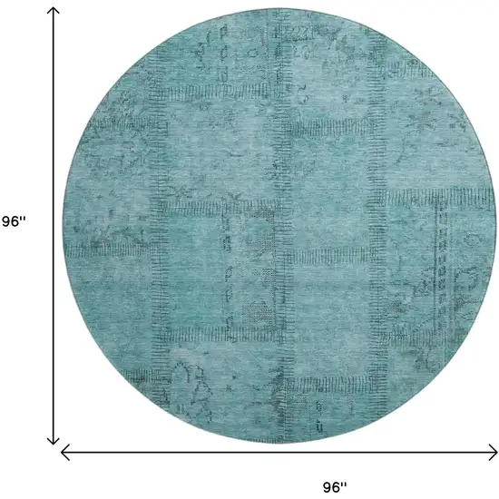 8' Teal And Gray Patchwork Washable Round Rug With UV Protection Photo 9