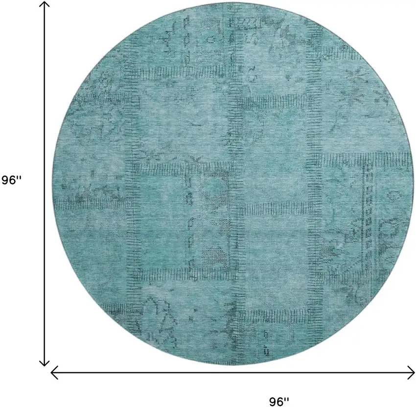 8' Teal And Gray Patchwork Washable Round Rug With UV Protection Photo 9