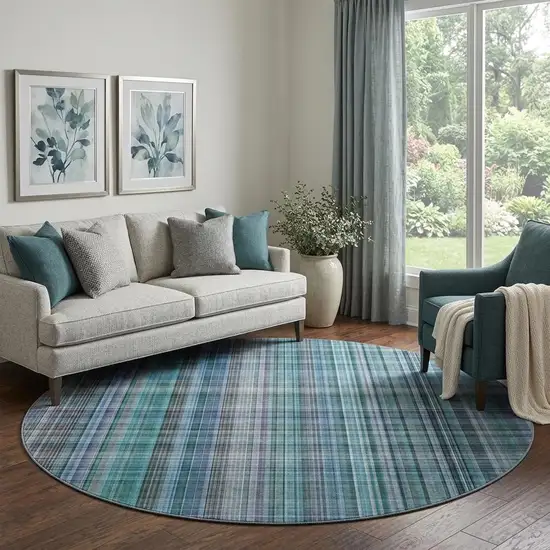 8' Teal And Gray Plaid Washable Round Rug With UV Protection Photo 1