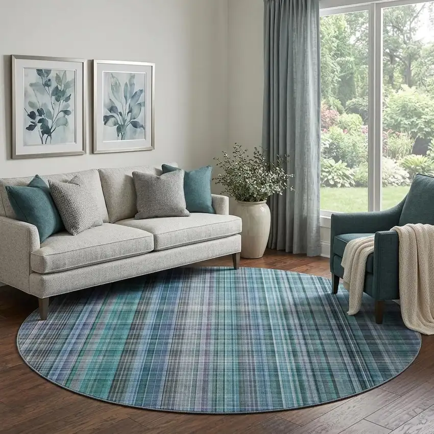 8' Teal And Gray Plaid Washable Round Rug With UV Protection Photo 1
