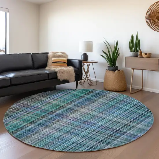 8' Teal And Gray Plaid Washable Round Rug With UV Protection Photo 5