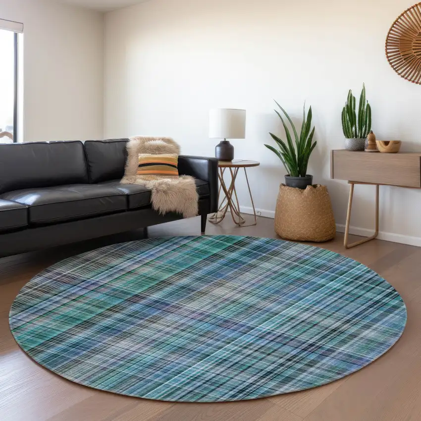 8' Teal And Gray Plaid Washable Round Rug With UV Protection Photo 5