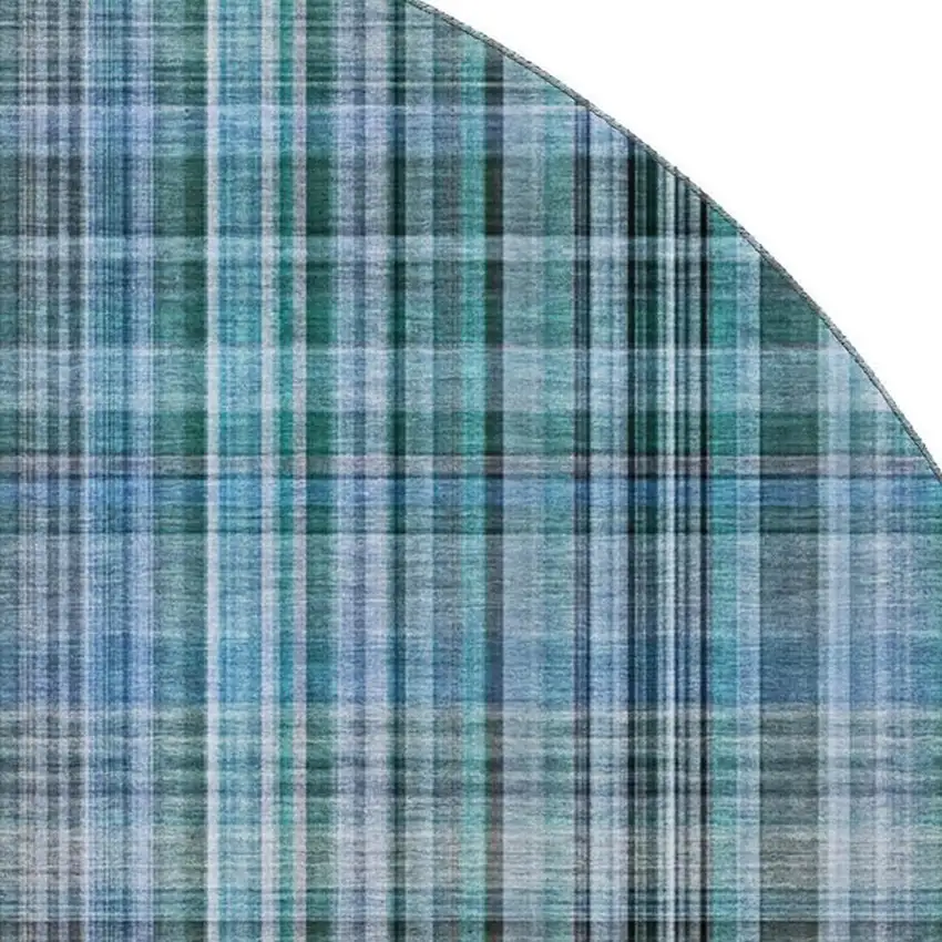 8' Teal And Gray Plaid Washable Round Rug With UV Protection Photo 3