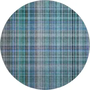 Photo of 8' Teal And Gray Plaid Washable Round Rug With UV Protection